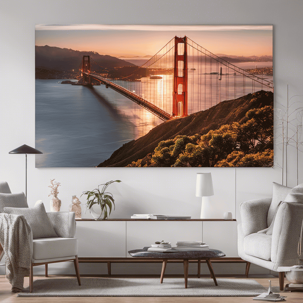 An image showcasing the picturesque Golden Gate Bridge, partially veiled in a gentle haze, with a modern air purifier subtly placed in a stylishly furnished living room overlooking the Bay Area's breathtaking skyline