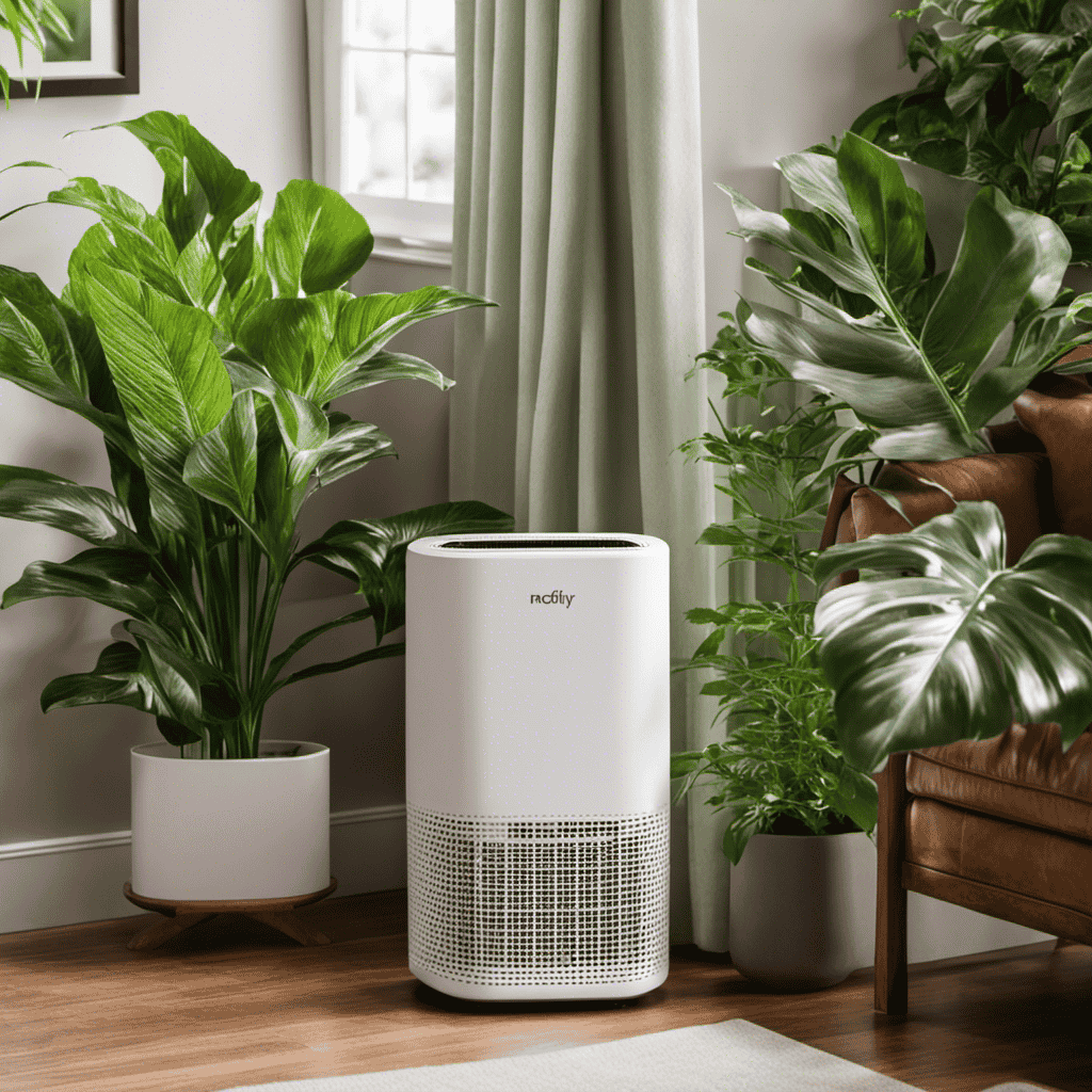 An image showcasing the Medify Home Air Purifier nestled in a cozy living room corner, surrounded by lush green plants, with sunlight streaming through a nearby window, providing a serene and healthy atmosphere