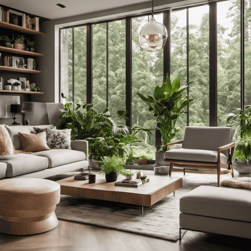 An image showcasing a cozy living room with large windows, filled with natural light