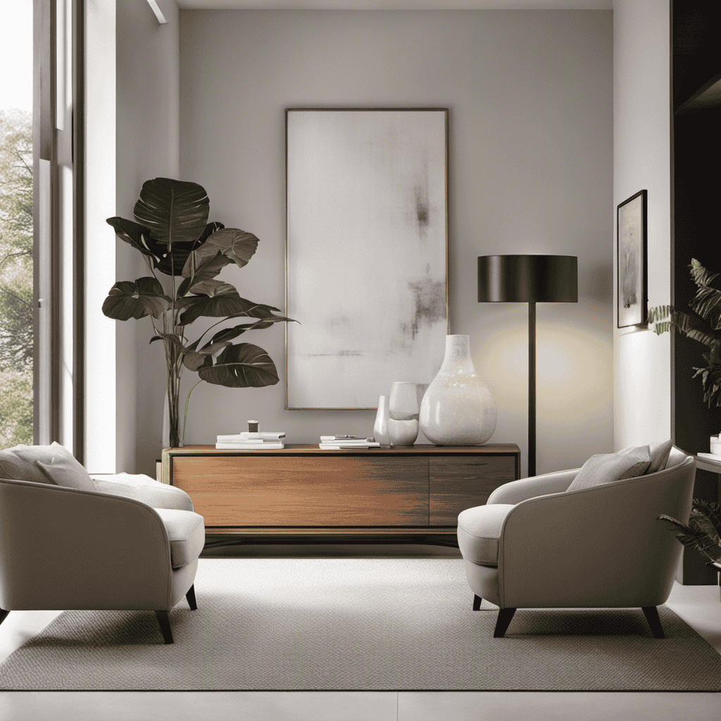 An image showcasing a cozy living room bathed in natural light, with a sleek, modern air purifier elegantly placed on a side table