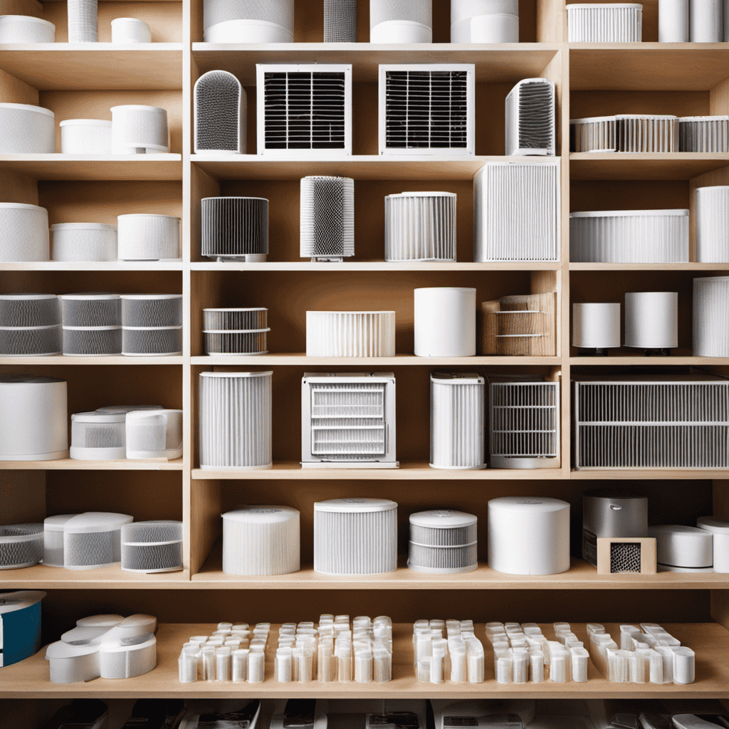 An image showcasing a neatly organized shelf filled with a variety of air purifier filters