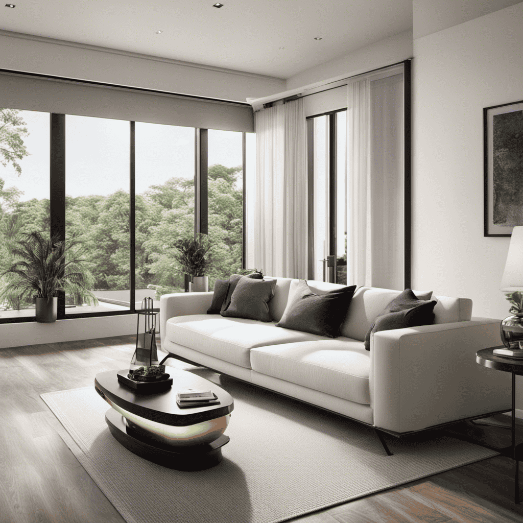 An image showcasing an inviting living room with an air purifier placed on a sleek, modern side table near a large window, capturing the essence of a well-ventilated and fresh space