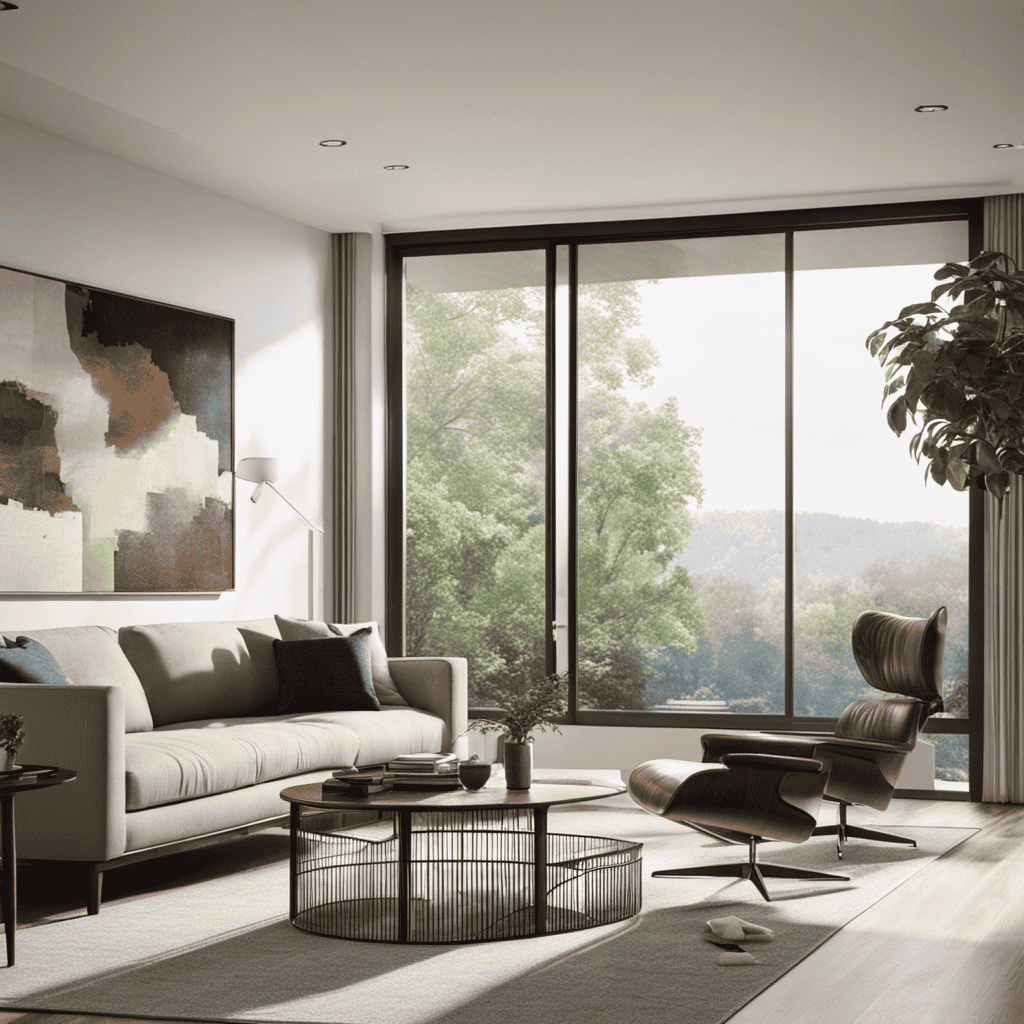 An image showcasing a spacious living room with large windows, strategically placing an air purifier near the entryway