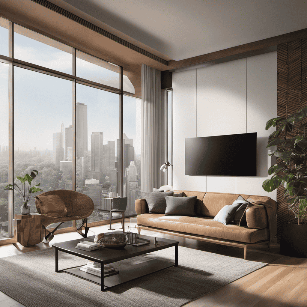 An image depicting a spacious living room with an air purifier placed near a large window, strategically positioned to capture natural airflow while effectively removing pollutants and improving indoor air quality