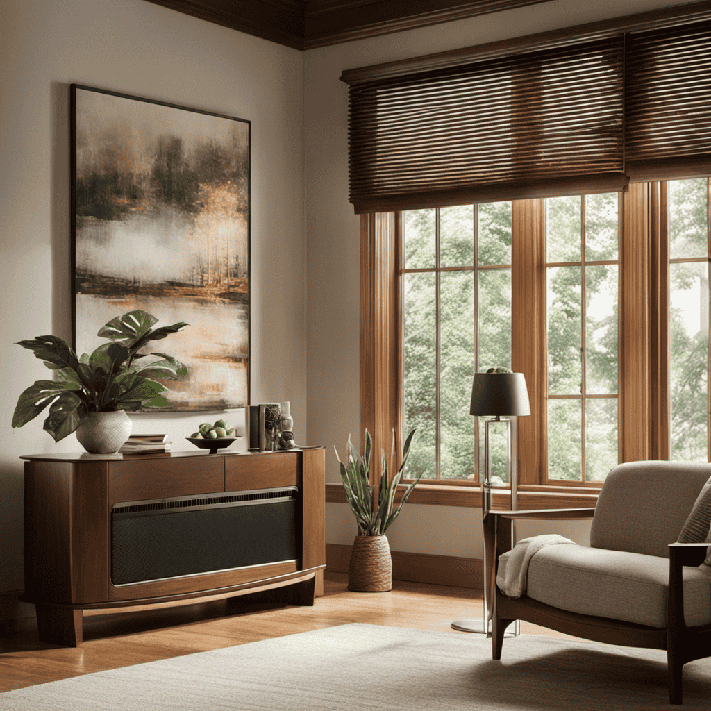An image showcasing a well-lit living room with a Holmes Air Purifier placed on a sturdy wooden shelf, strategically positioned in a corner near a large window, ensuring optimal air circulation