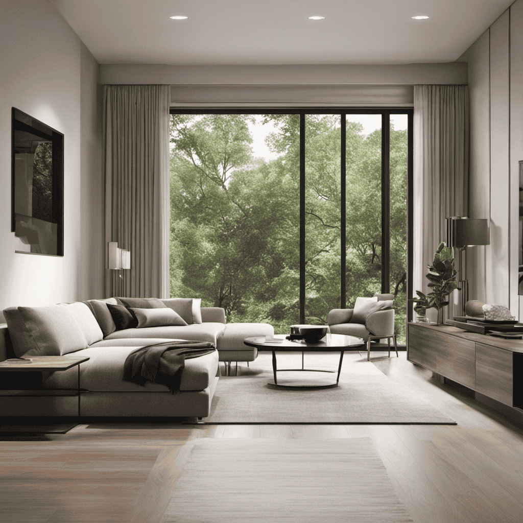 An image showcasing an interior space with an Air Purifier Air Conditioner Combo strategically placed near a large window, allowing fresh air and natural light to flow into the room, while maintaining a clean and comfortable environment