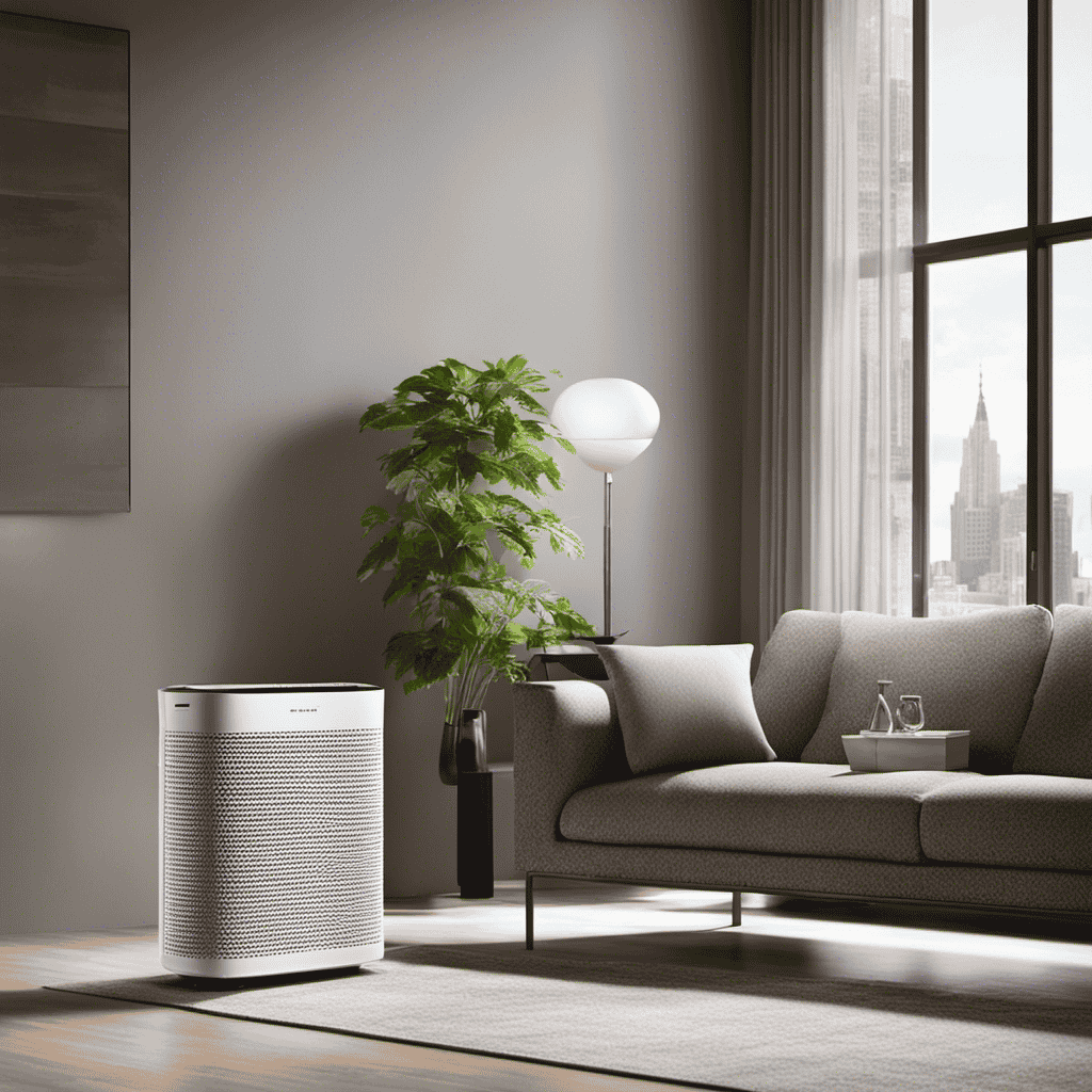 An image showcasing an air purifier positioned in a well-ventilated living room near an open window, strategically placed away from potential obstructions like curtains or furniture, ensuring efficient circulation and purification of air