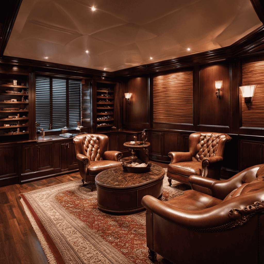 An image showcasing a spacious cigar room with elegant wooden paneling, plush leather chairs, and a sophisticated air purifier discreetly nestled in the corner