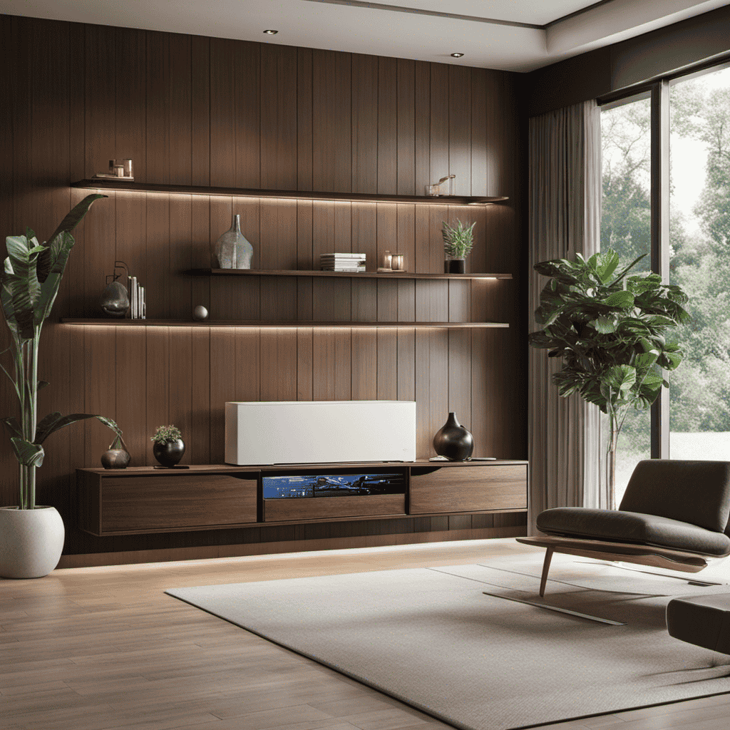 An image that showcases a well-lit living room with an air purifier placed atop a sleek wooden shelf, strategically positioned near an open window, allowing fresh air to circulate while efficiently purifying the room
