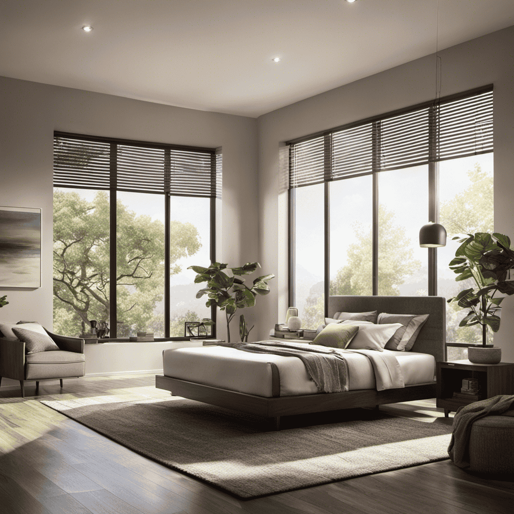 An image depicting a spacious bedroom with an air purifier placed on a bedside table, strategically positioned towards the center of the room