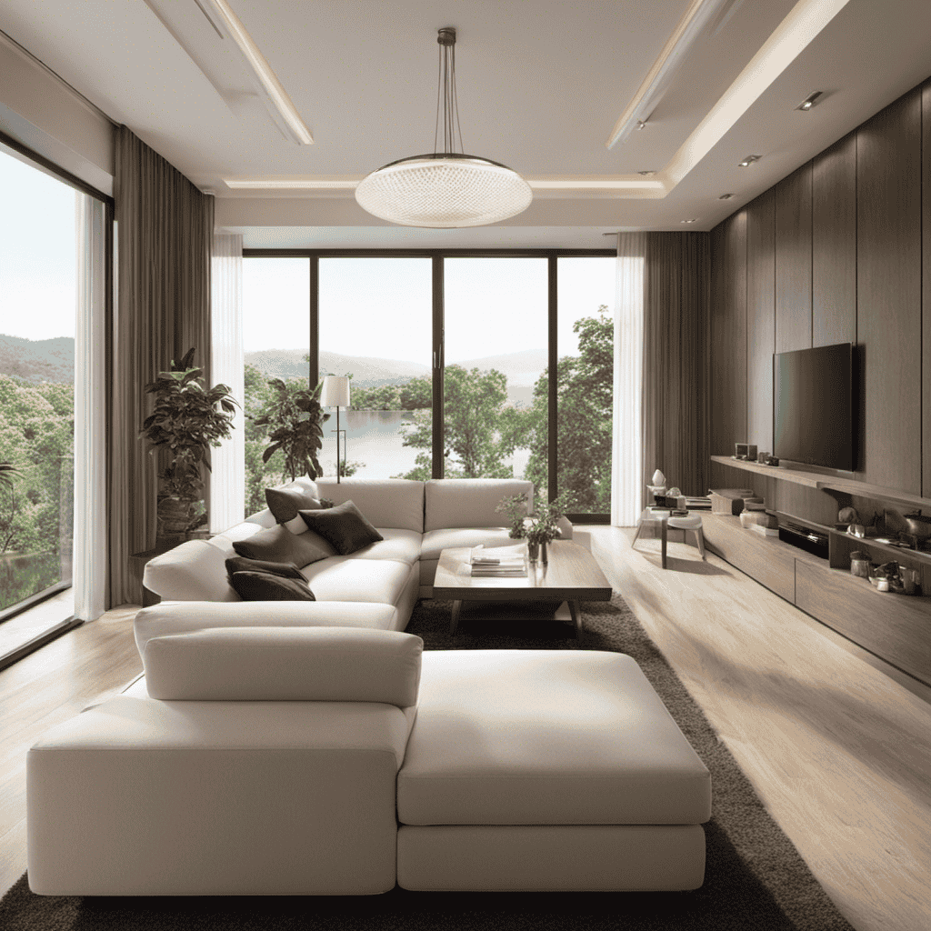 An image showcasing a spacious living room with an air purifier discreetly positioned on a shelf near a large window, enveloped by abundant natural light