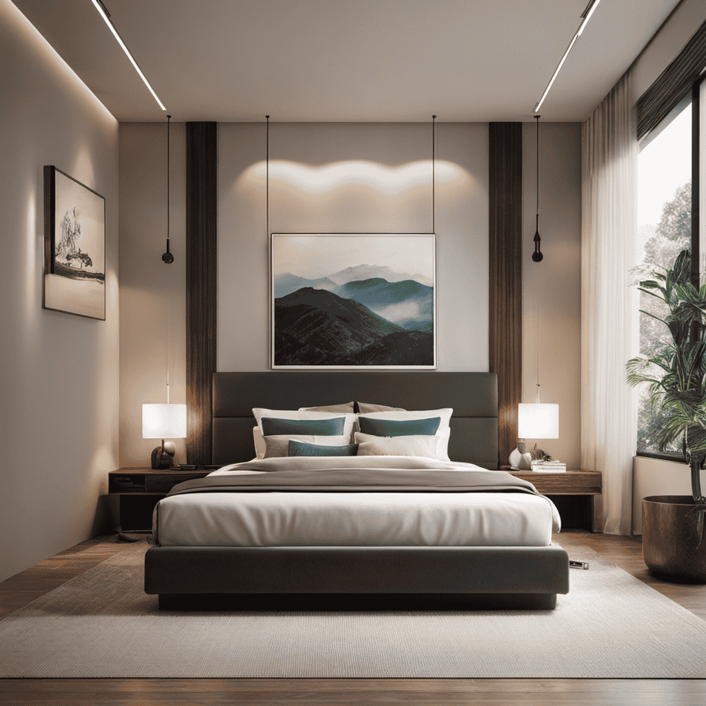 An image showcasing a spacious, clutter-free bedroom with an air purifier elegantly positioned on a bedside table, its sleek design complementing the room's aesthetic