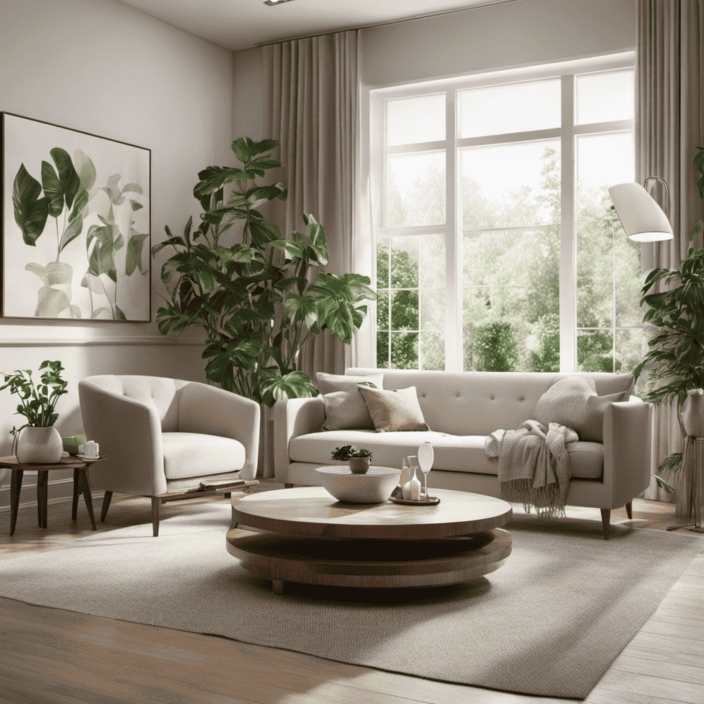 An image showcasing a spacious living room with an air purifier subtly positioned on a side table near a cozy armchair, surrounded by lush indoor plants and soft natural lighting filtering through sheer curtains