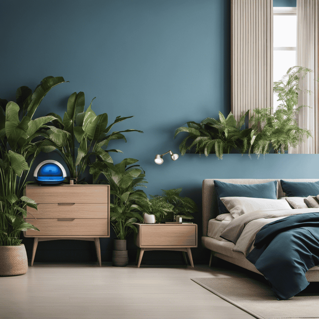 An image showcasing a serene bedroom with a blue air purifier placed elegantly on a bedside table, surrounded by lush green plants, diffusing clean air and promoting a peaceful atmosphere