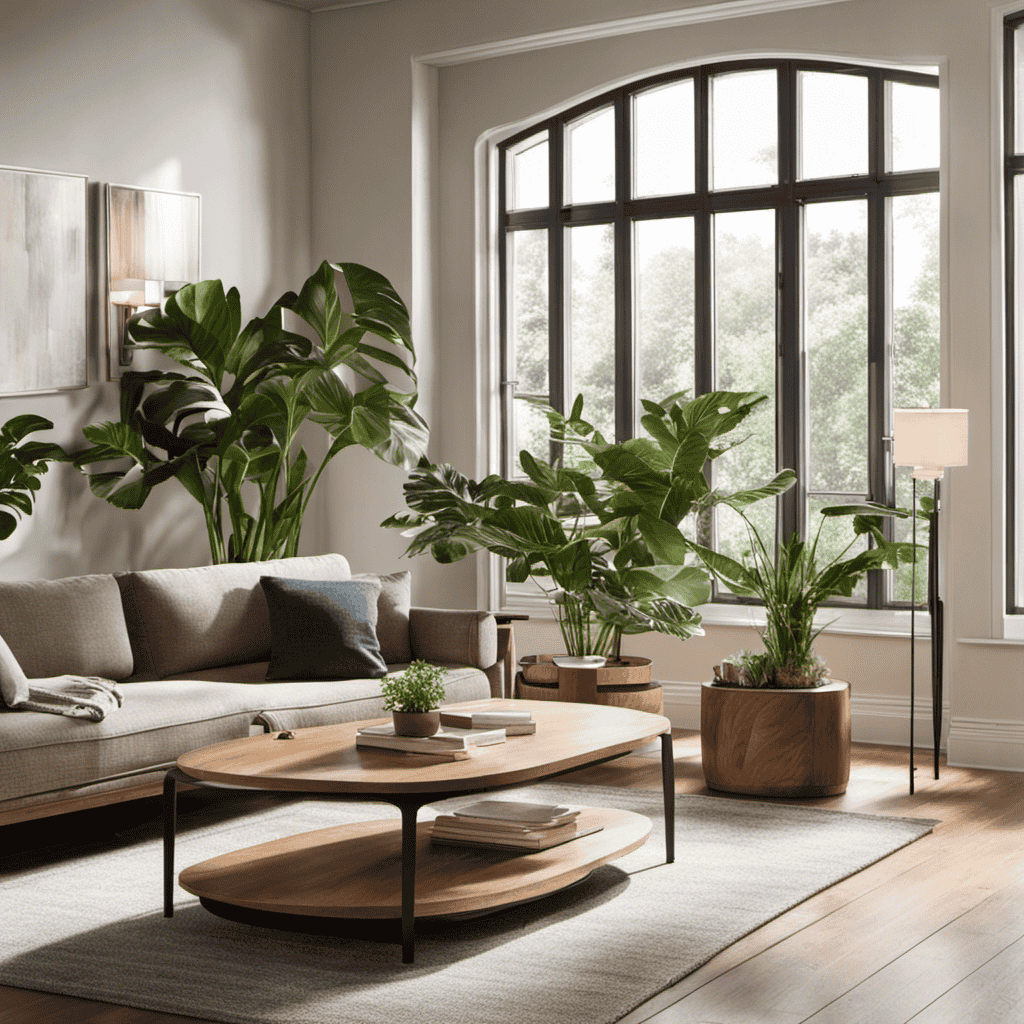 An image showcasing a spacious living room with a Holmes Air Purifier elegantly positioned on a wooden side table near a large window, drawing in the natural sunlight, while surrounded by indoor plants for added freshness