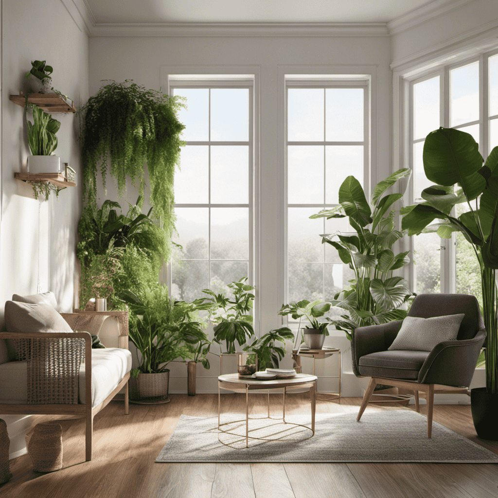 An image that showcases an air purifier placed on a high shelf, surrounded by plants, in a sunlit room with open windows
