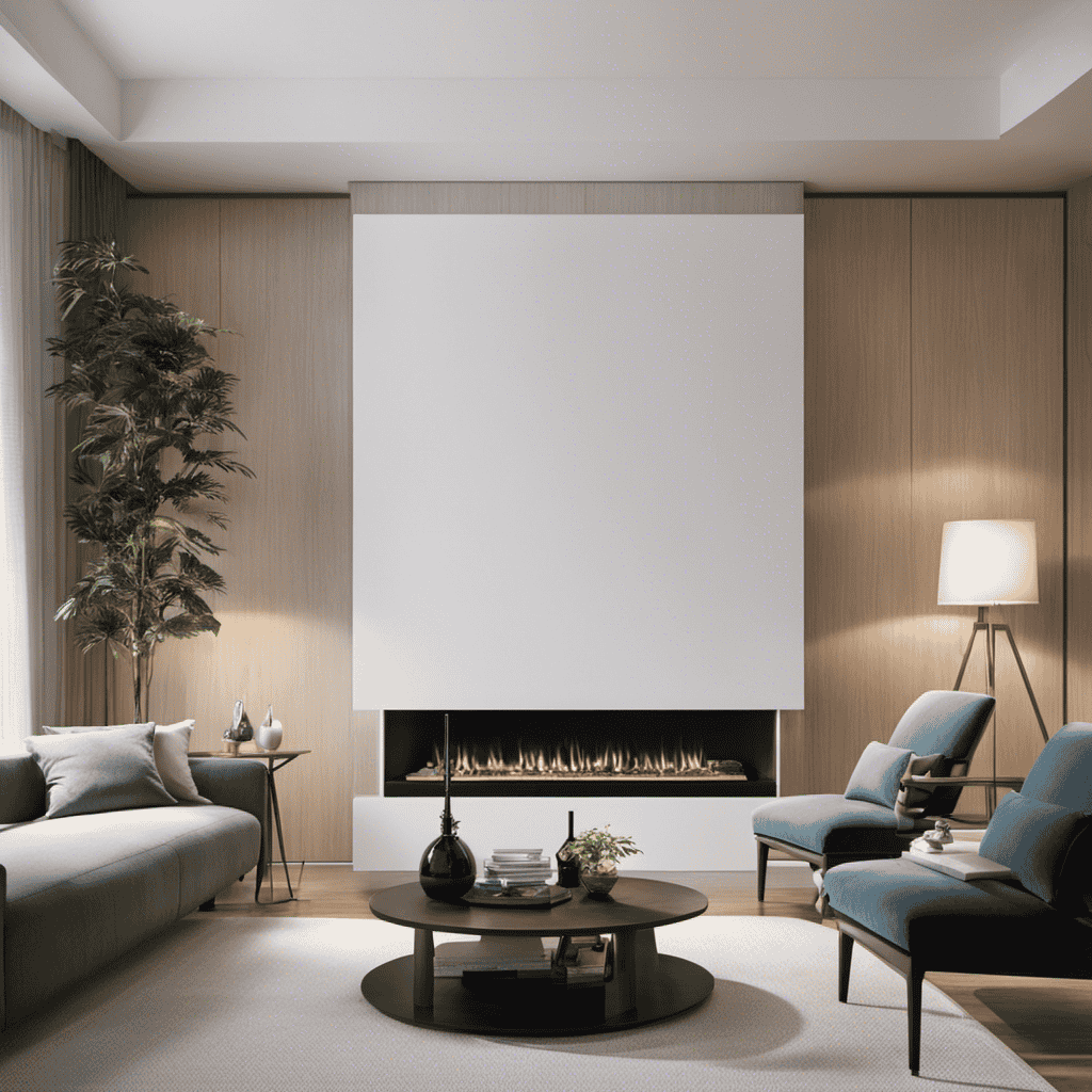An image showcasing an elegantly designed living room, with a whole home air purifier discreetly mounted on the wall, centrally positioned to optimize circulation and ensure clean, fresh air throughout the space