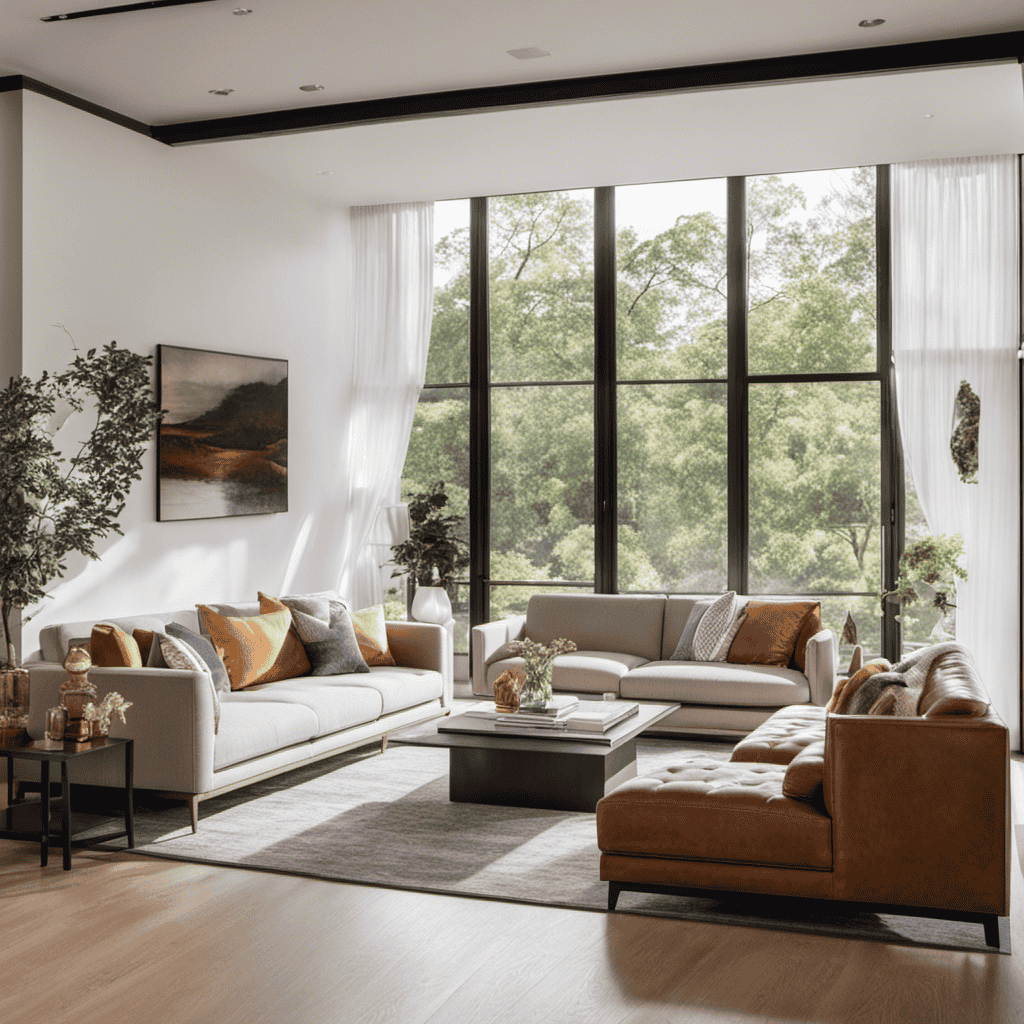 An image showcasing a bright and airy living room, with a strategically placed air purifier positioned near a window, gently filtering the crisp outdoor air and distributing it throughout the space