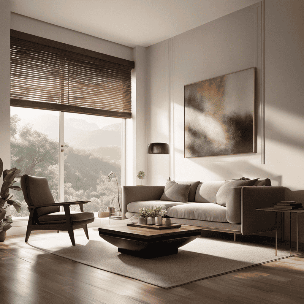 An image depicting a living room with an air purifier placed near a window, away from obstructions, capturing the sunlight casting gentle shadows on the clean air emanating from the device