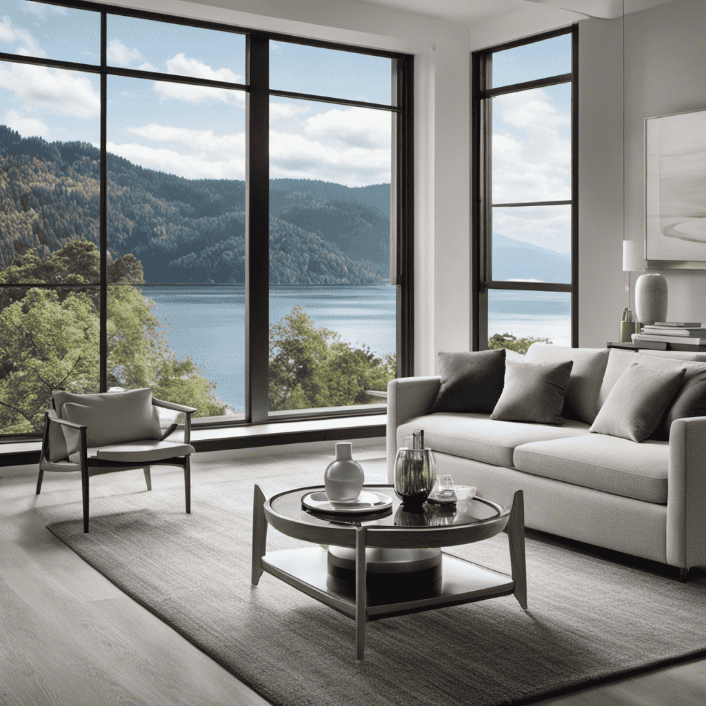 An image featuring a modern living room with an unobstructed view, where a Winix Air Purifier is strategically positioned on a stylish side table near an open window, ensuring maximum air circulation and purification