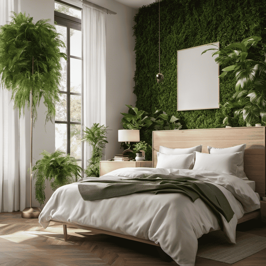 An image showcasing an airy bedroom with an air purifier strategically placed on a nightstand near the bed, surrounded by lush green plants, ensuring optimal air quality for a peaceful and rejuvenating sleep