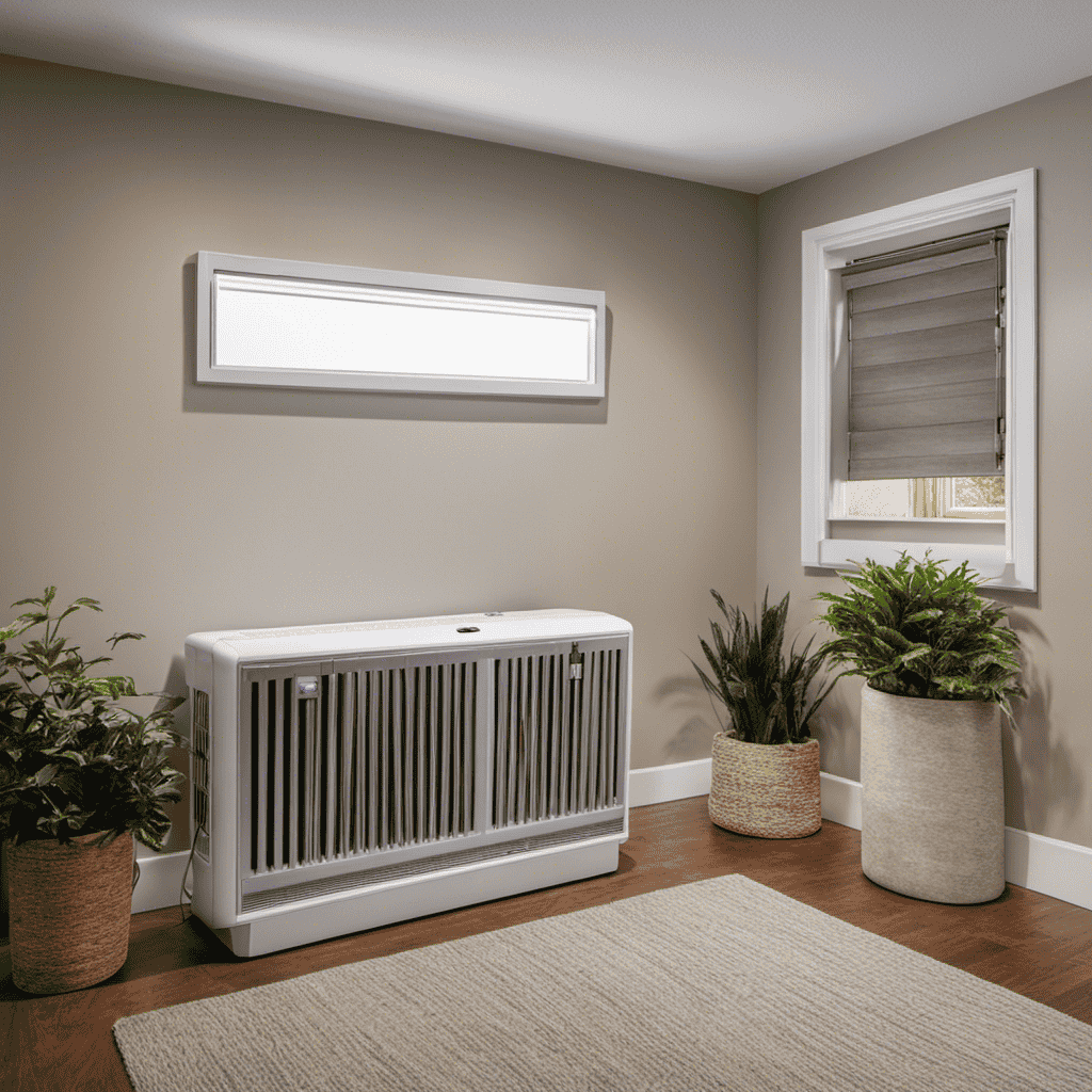 An image that showcases a well-lit basement with a strategically placed air purifier near a window
