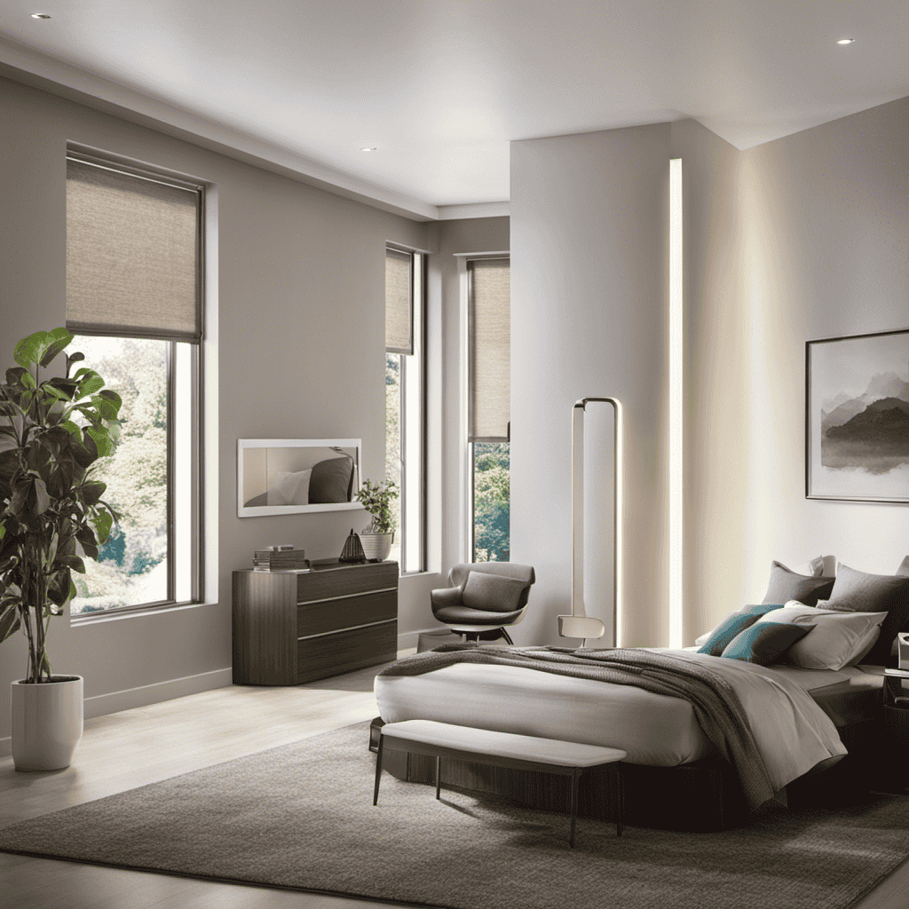 An image depicting a spacious, well-ventilated bedroom with an air purifier strategically placed near the window, allowing fresh air to circulate