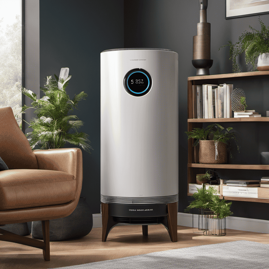 An image showcasing an air purifier placed in a well-ventilated corner of a living room, away from obstructions, with arrows indicating the direction of air flow and highlighting its ideal position near windows