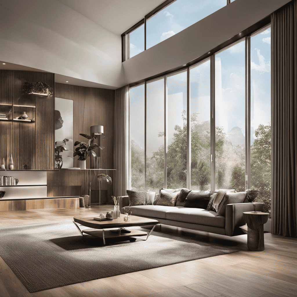 An image showcasing a spacious living room with an air purifier placed near a large window
