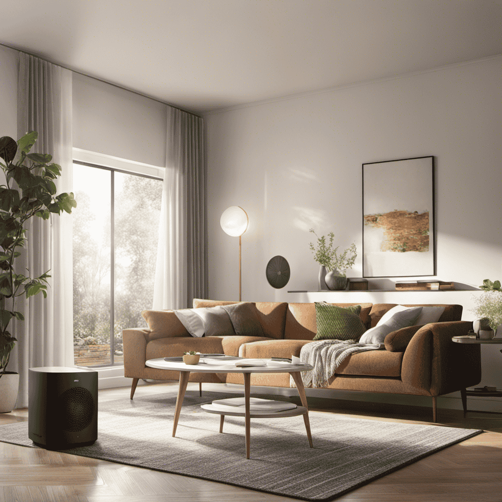 An image showcasing the inside of a cozy living room, with a sunlit corner where an air purifier is placed on a sleek side table