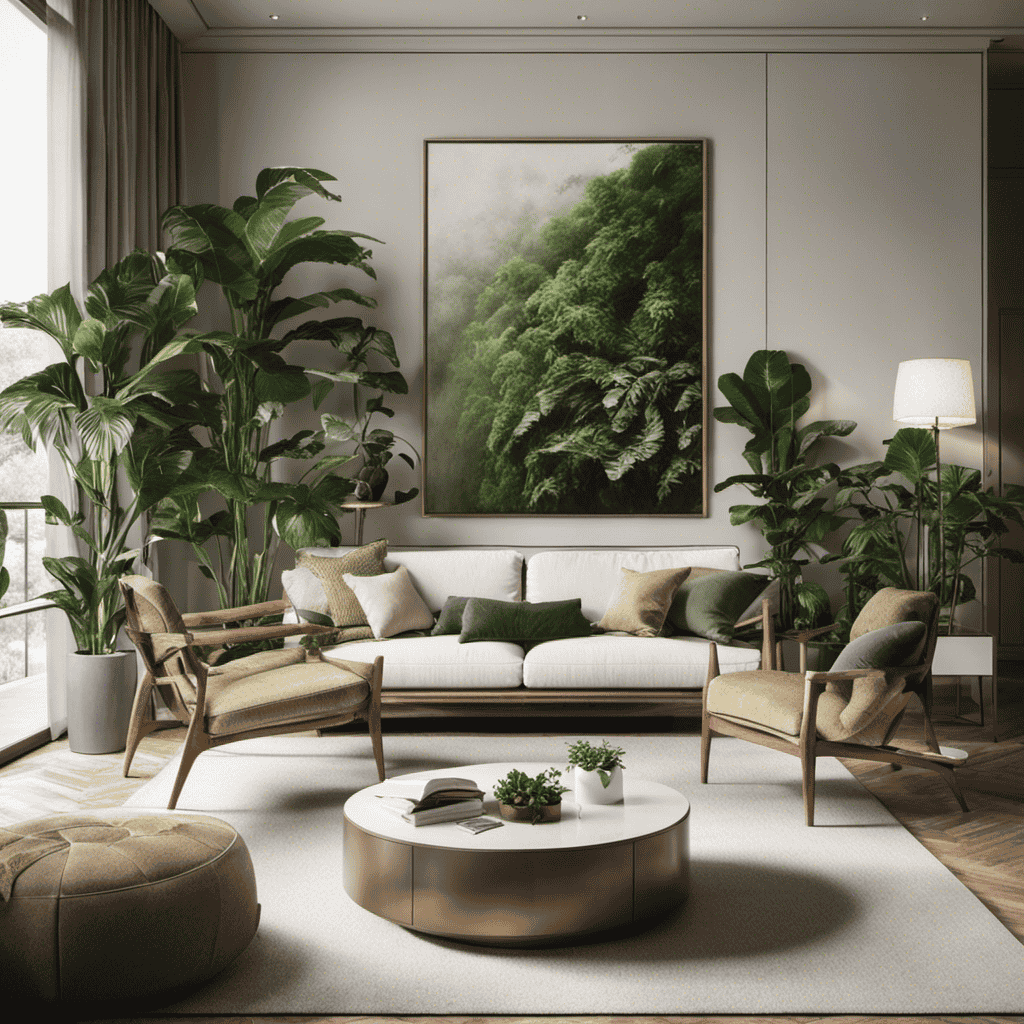 An image showcasing a serene living room with large windows, adorned with lush plants