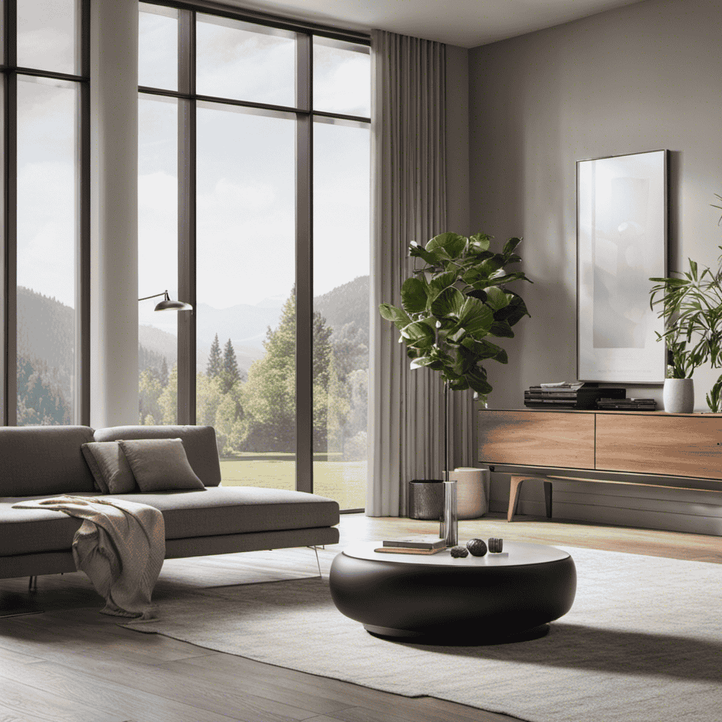 An image showcasing a modern living room with sleek furniture, adorned with a beautiful Alen Breathesmart Air Purifier placed strategically on a side table near a window, filtering clean and fresh air