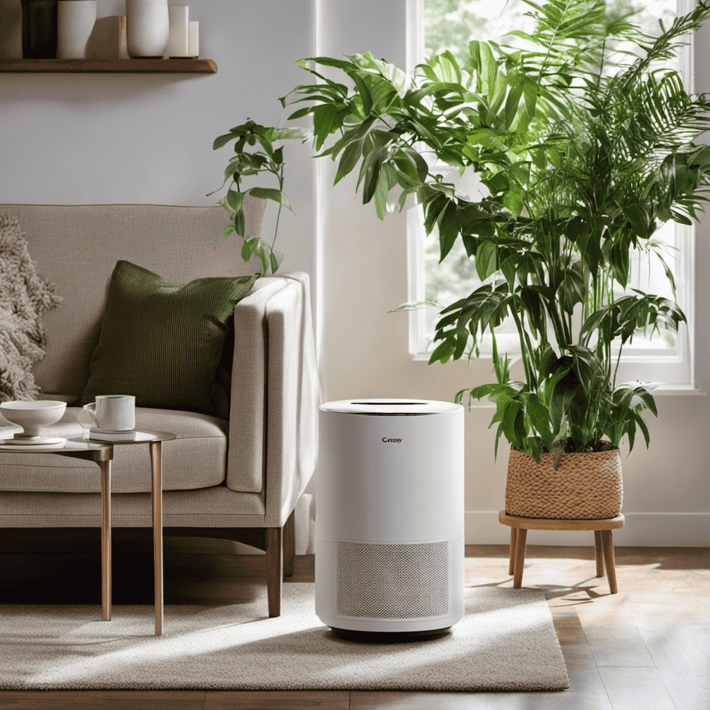 An image showcasing a cozy living room with a Coway AP-1512HH air purifier placed prominently on a side table, surrounded by lush green plants and bathed in soft natural light