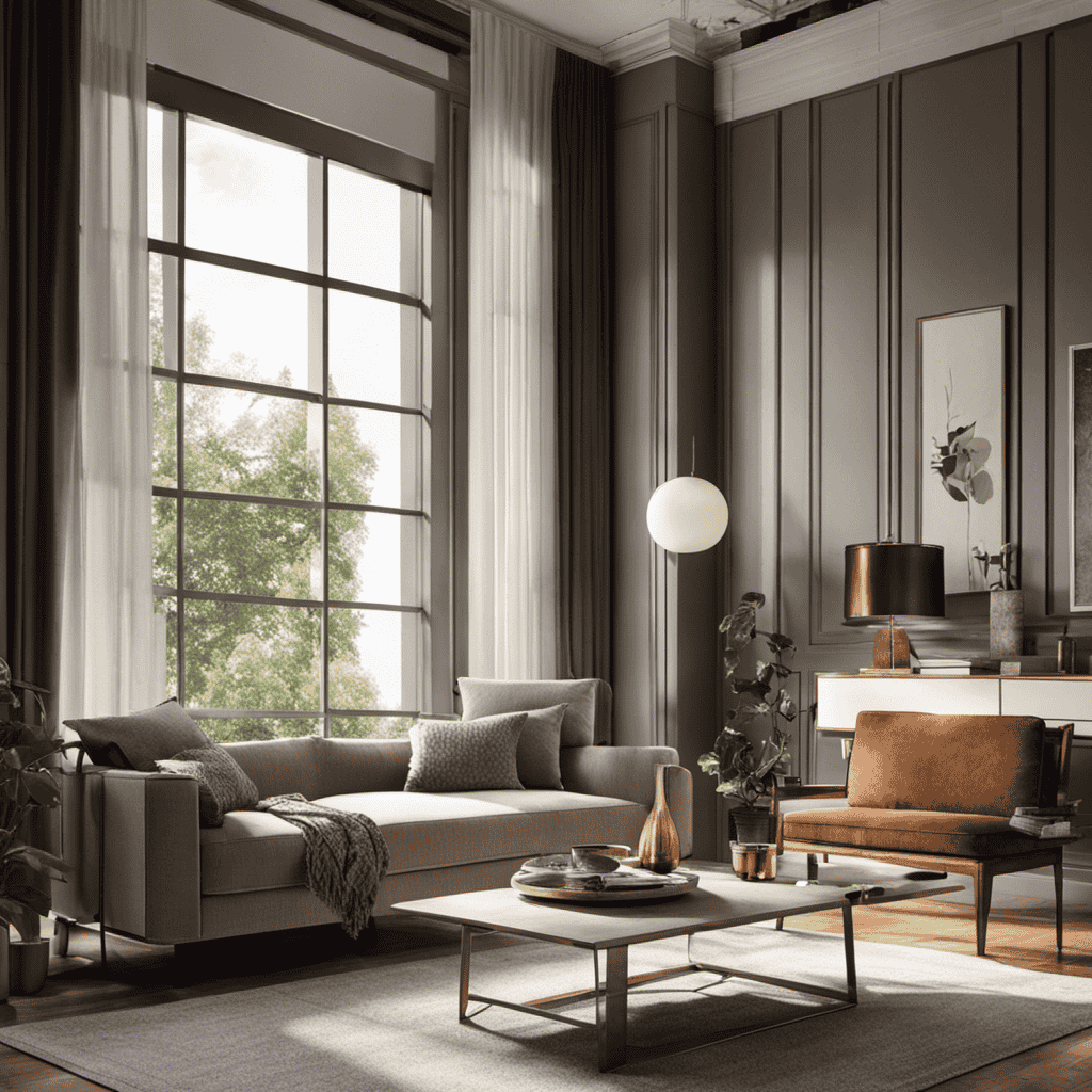 An image showcasing an inviting living room with an air purifier placed discreetly on a shelf near a large window, gently filtering the sunlight as it casts a delicate glow on the cozy space