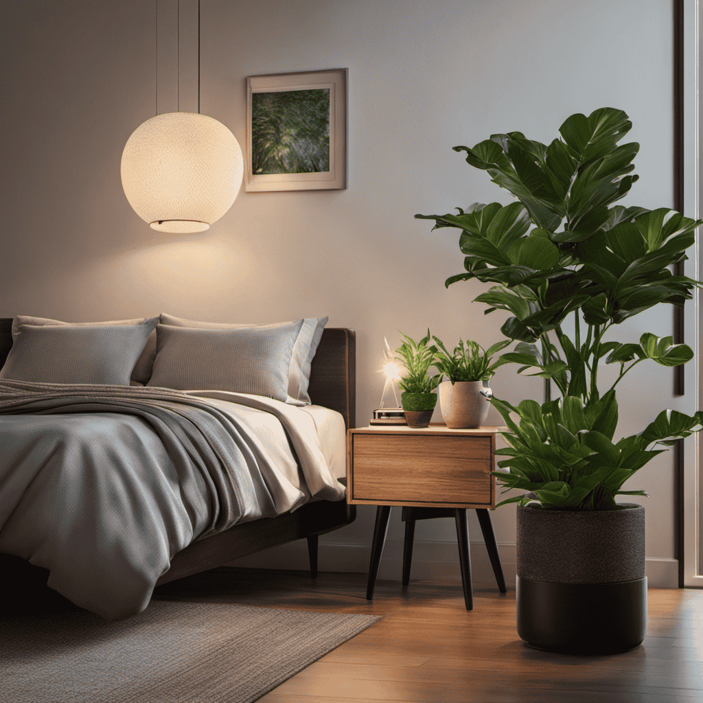 An image showcasing a cozy bedroom with an air purifier placed atop a nightstand next to a potted plant, emitting a gentle glow as it works silently to cleanse the air