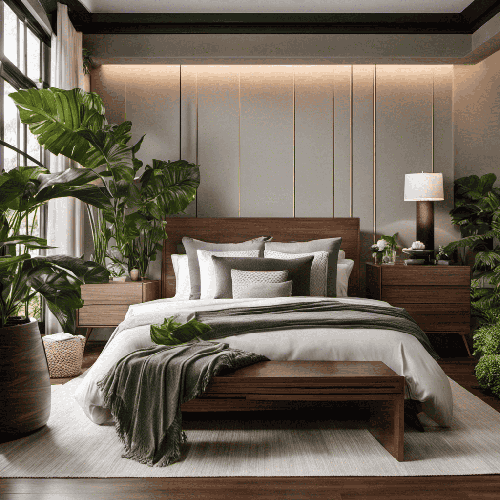 An image showing a serene bedroom with an air purifier placed on a nightstand next to a lush houseplant, elegantly blending with the décor