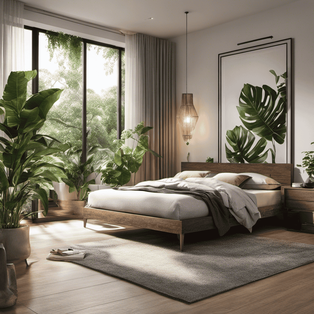 An image showcasing a cozy bedroom, adorned with lush plants and a strategically placed air purifier on a nightstand