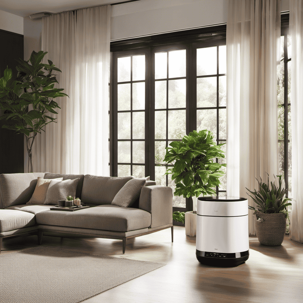 An image showcasing an airy living room, strategically placing an air purifier near a large potted plant