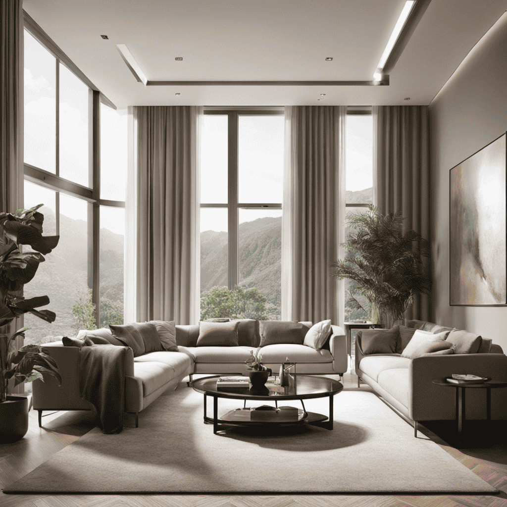 An image depicting a spacious living room with an air purifier discreetly placed on a side table near a large window, capturing the natural light as it circulates pure, clean air throughout the room