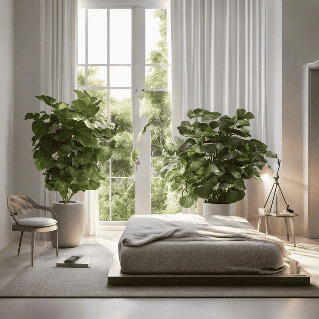 An image that showcases a serene bedroom scene with a Dyson Air Purifier placed elegantly on a minimalist bedside table, surrounded by a lush potted plant and a soft ray of natural sunlight streaming through the window