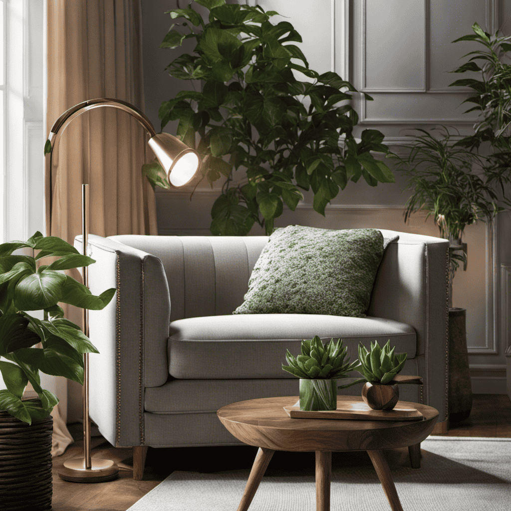 An image showcasing a cozy living room corner adorned with plants, where a sleek Holmes Air Purifier sits on a polished wooden side table next to a plush armchair, gently purifying the air