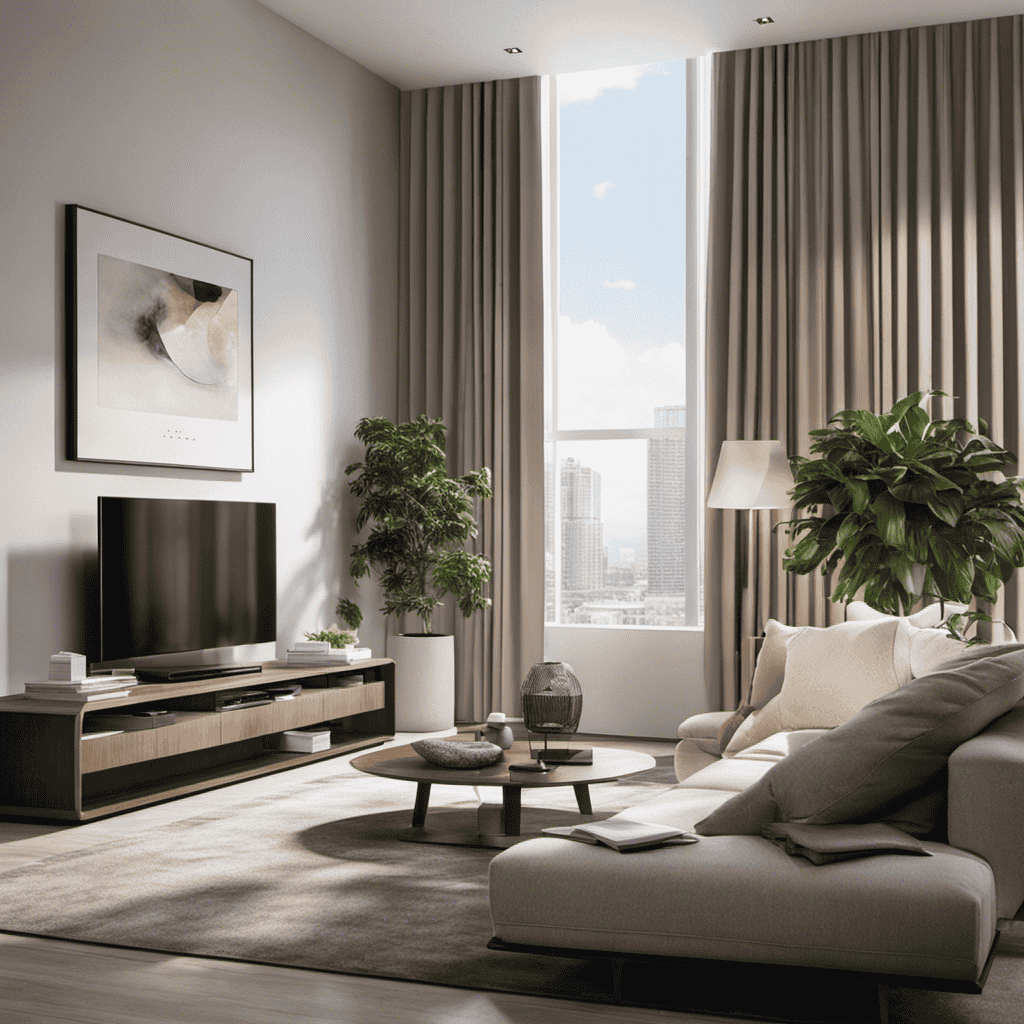 An image depicting a modern living room with an air purifier placed strategically near a window, casting soft natural light on its sleek design and capturing particles floating in the air