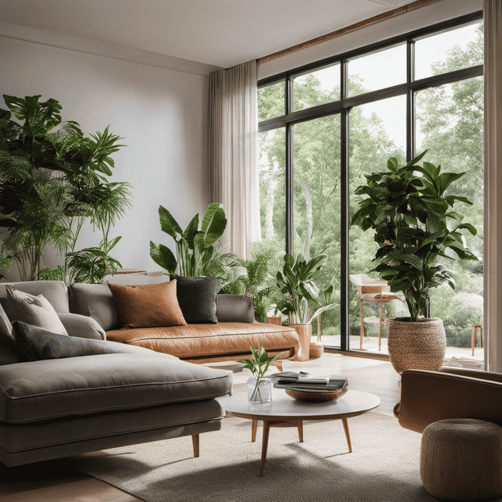 An image showcasing a cozy living room with an air purifier placed strategically near a large window, gently filtering the incoming fresh air, complemented by lush indoor plants, ensuring optimal air quality for your space