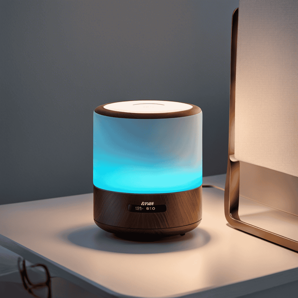 An image that showcases a small air purifier placed discreetly on a bedside table, emitting a soft blue glow as it purifies the air, with a cozy bedroom setting in the background