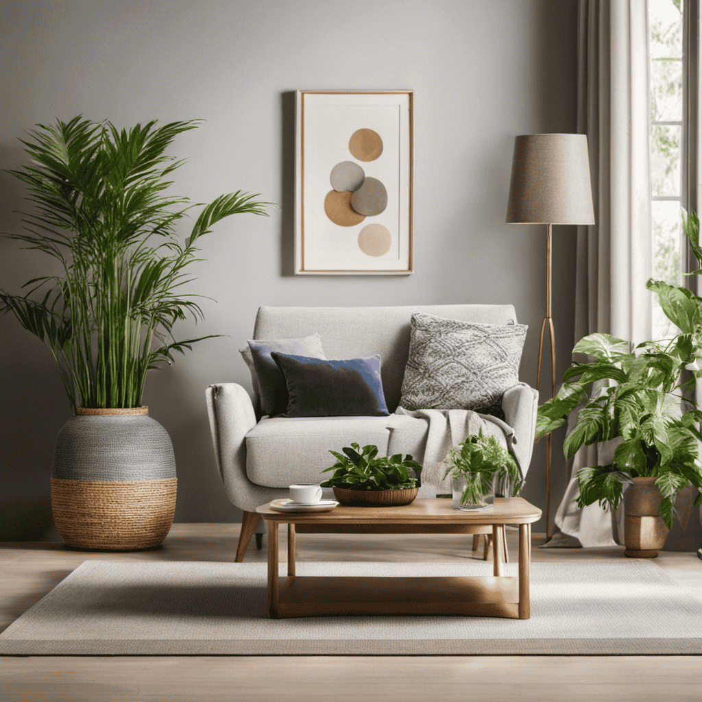 An image showcasing an elegantly decorated living room with an air purifier subtly placed on a side table near a cozy armchair, surrounded by lush plants, emanating a sense of clean and fresh air