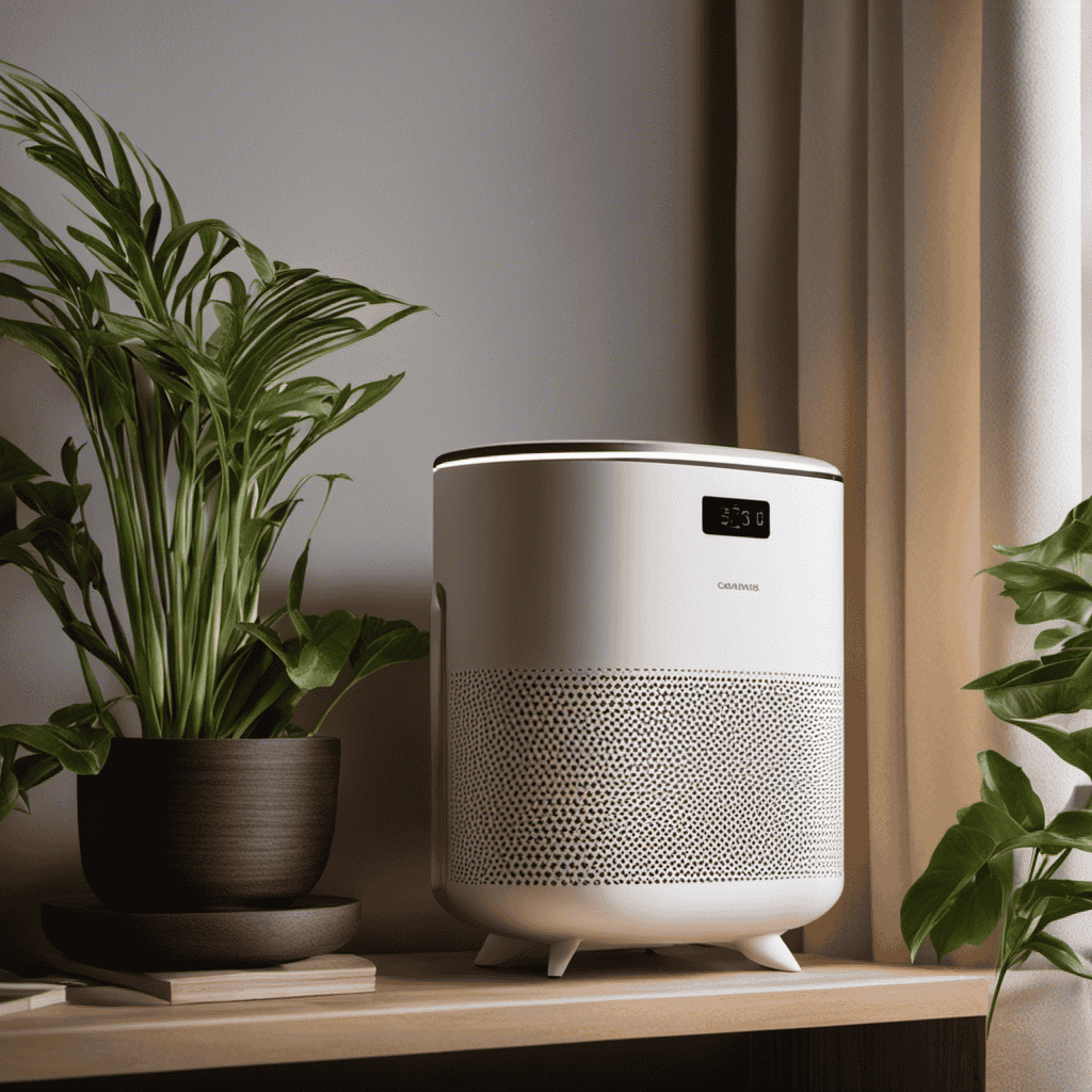 An image showcasing an air purifier placed on a bedside table in a cozy bedroom, with soft lighting, plants nearby, and a serene sleeping figure, illustrating the ideal location for optimal air purification