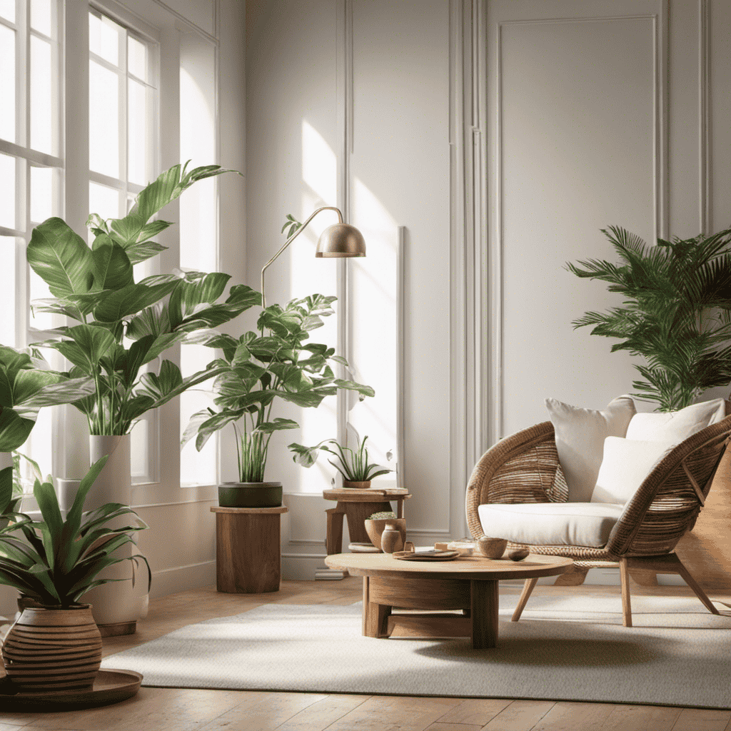 An image showcasing an airy living room with an air purifier discreetly nestled on a wooden shelf near potted plants, strategically placed between a sunlit window and a cozy armchair