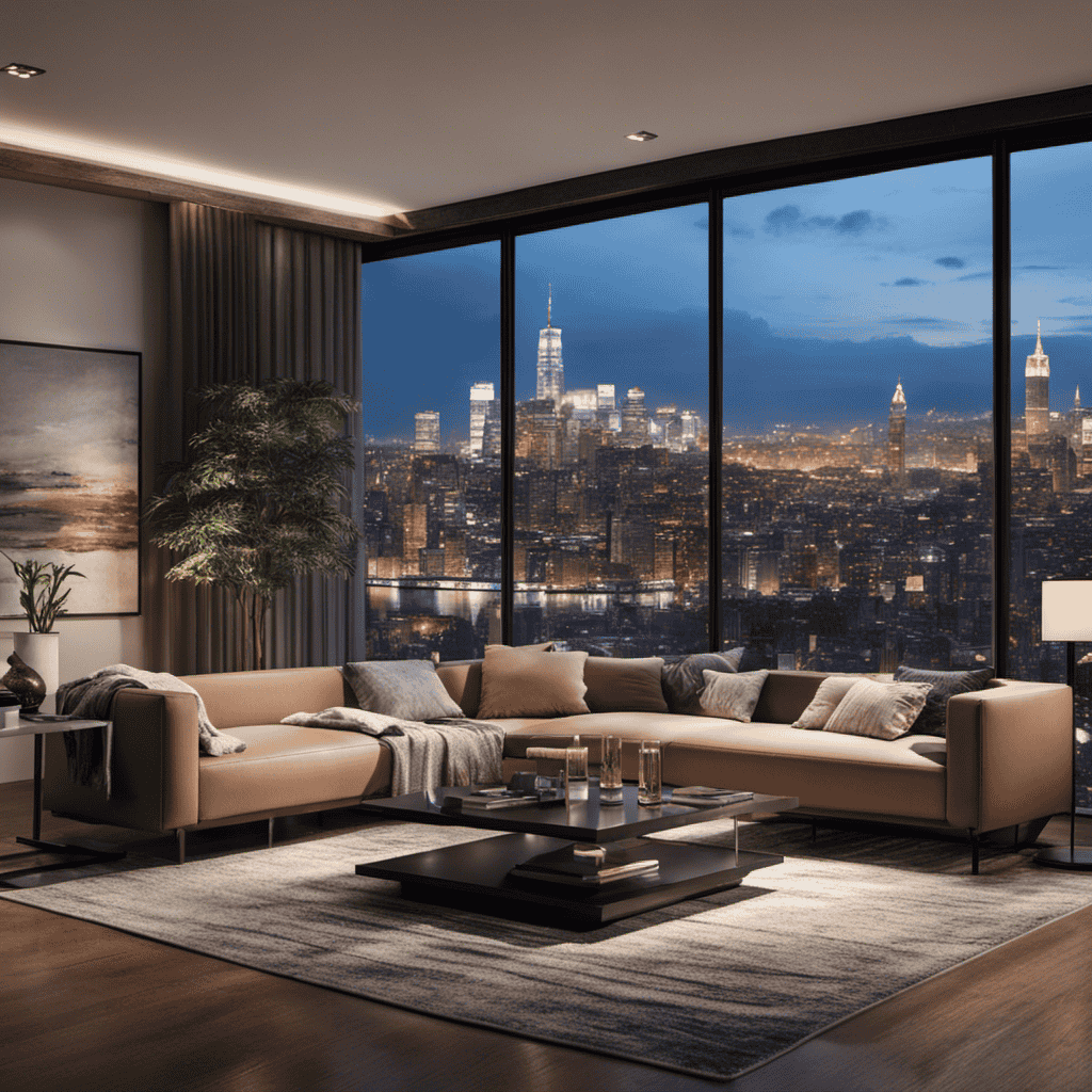 An image showcasing a cozy living room with a large window overlooking a bustling cityscape
