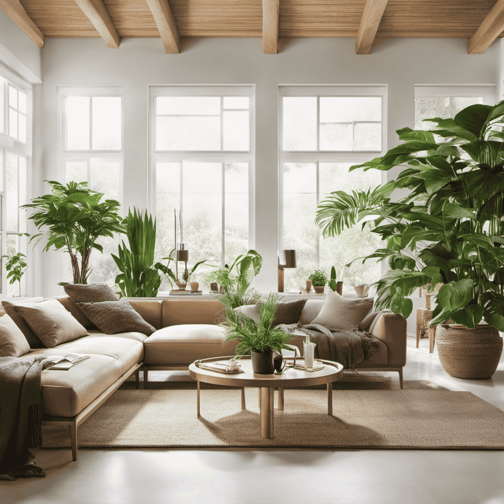 An image showcasing a serene living room bathed in natural light, with an air purifier elegantly placed next to a large houseplant