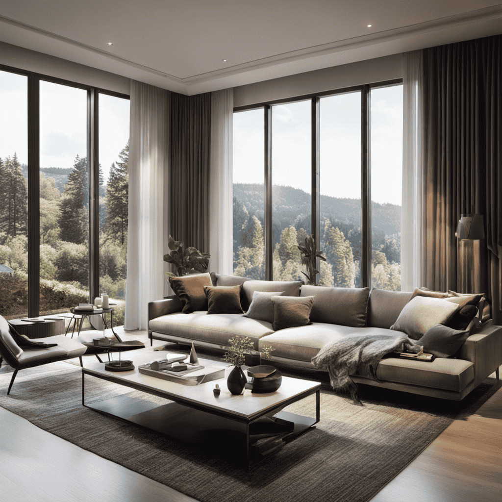 An image depicting a well-lit, spacious living room with large windows, showcasing a sleek and modern air purifier seamlessly blending into the decor